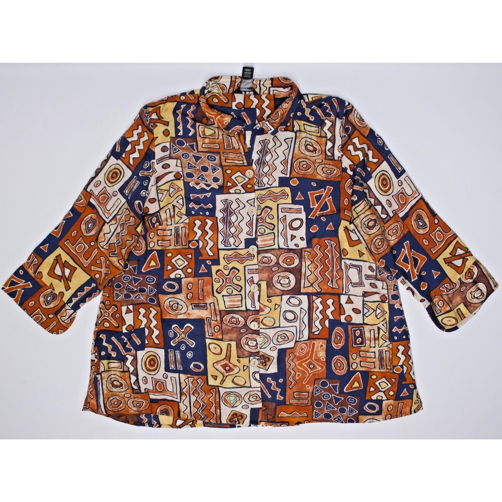 Ali Miles Plus Size 1X 80s 90s Style Beige Hawaiian Button Blouse Top w/Pockets